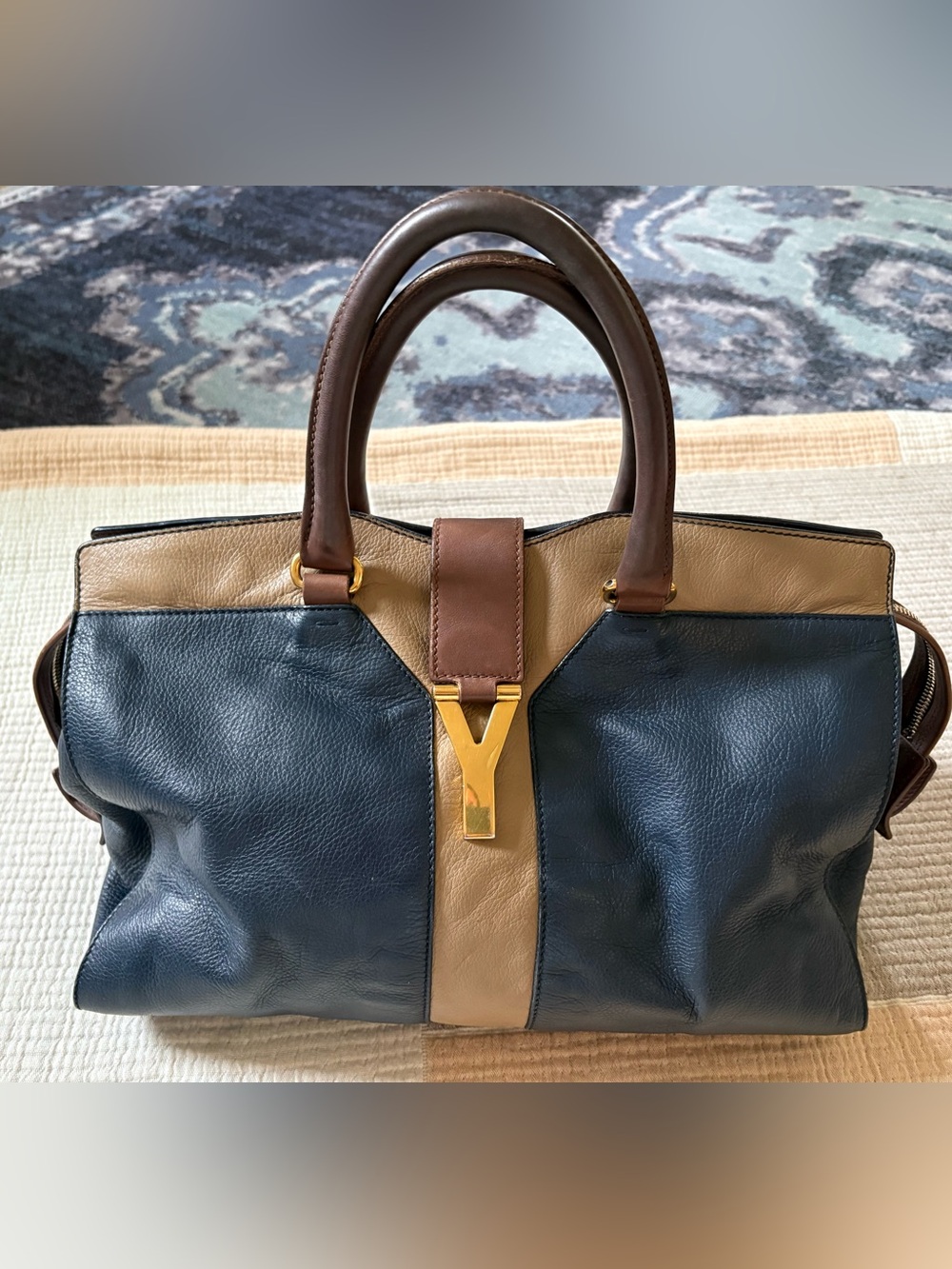 Yves Saint Laurent Navy and Tan Cabas Chyc Leather bag